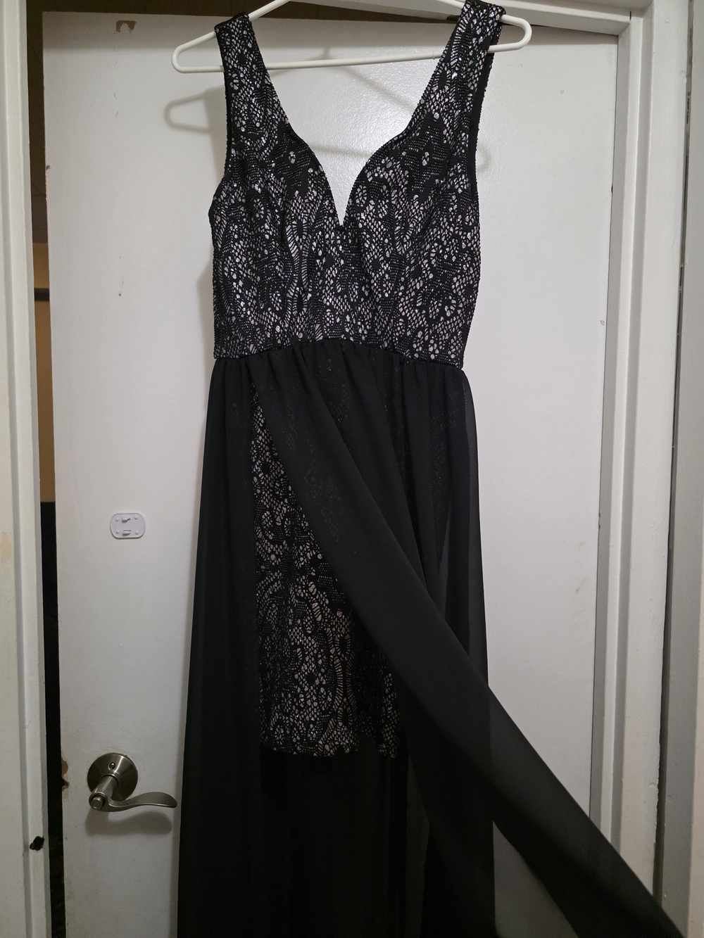 Elegant Black Lace-looking Evening Dress with V-Neck